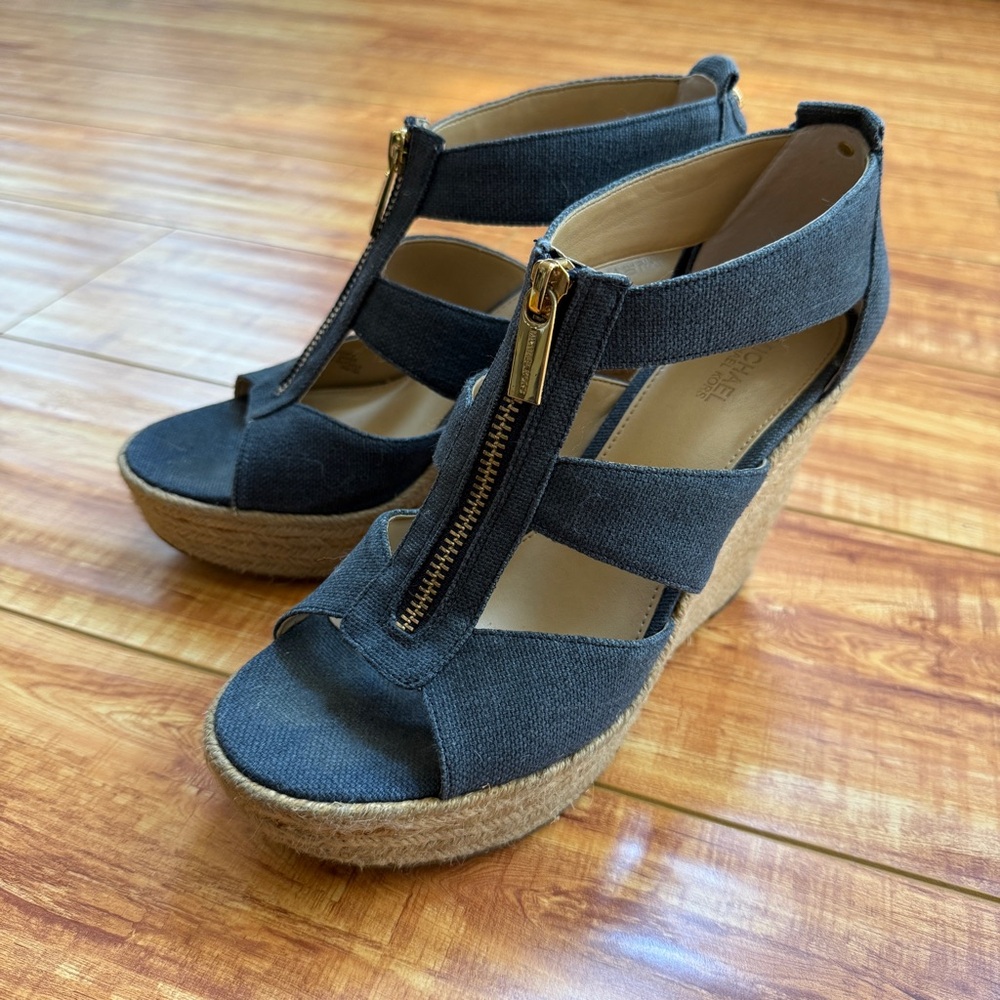 MICHAEL KORS Damita Canvas Platform Zip Wedge Sandals Navy Blue